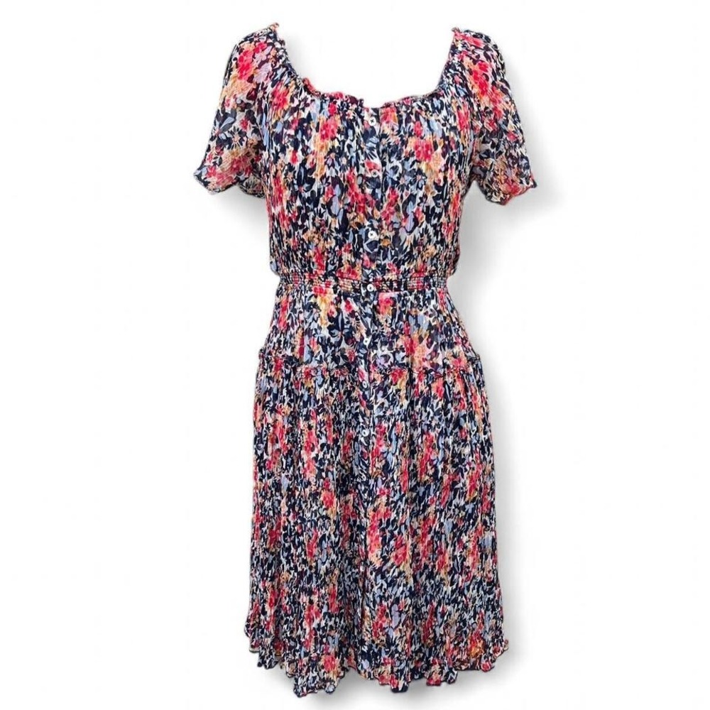 Sundance multicolored cotton floral crinkle‎ midi dress elastic waist PS